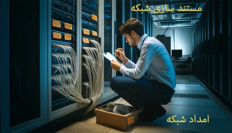 کارشناس شبکهای را نشان میدهد که در حال مستندسازی شبکه با برچسبگذاری کابلها در یک ساختمان کوچک است. محیط سرور روم مرتب و سازمانیافته است و تمرکز اصلی روی عمل برچسبگذاری و چیدمان منظم تجهیزات شبکه میباشد.